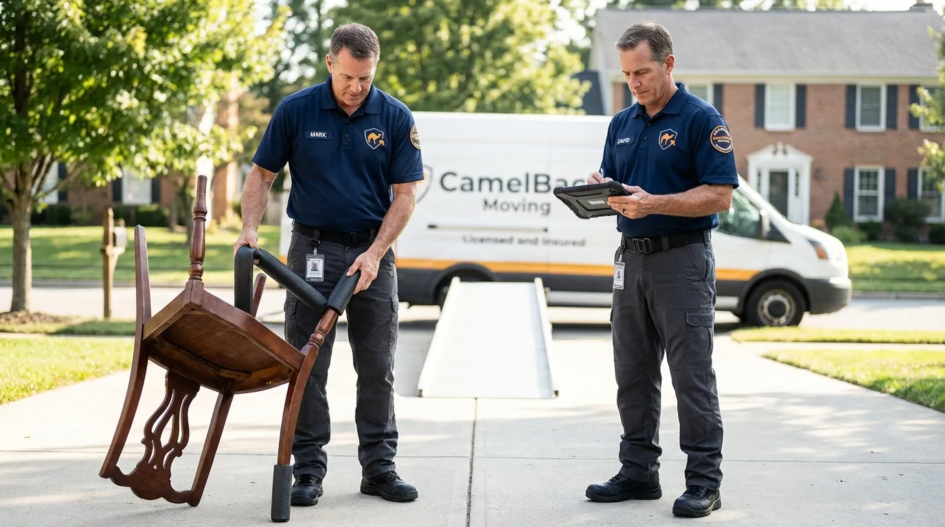 Movers inspecting furniture for damage prevention before loading in Hindman, KY